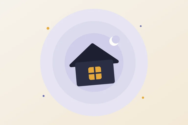 Une maison dont une fenêtre est éclairée, sous la lune